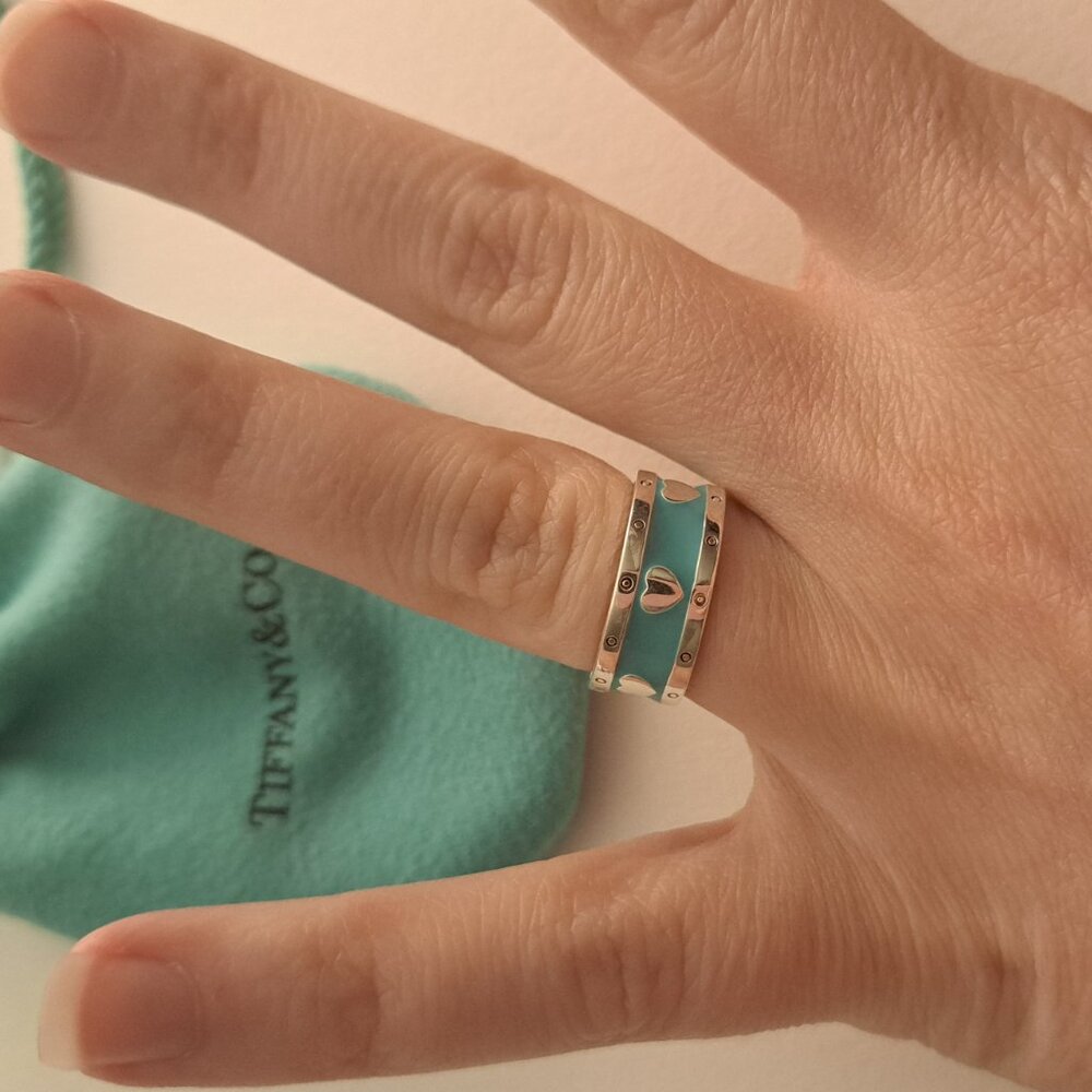 Tiffany & Co. Silver Ring with Tiffany Blue Enamel Heart Accent